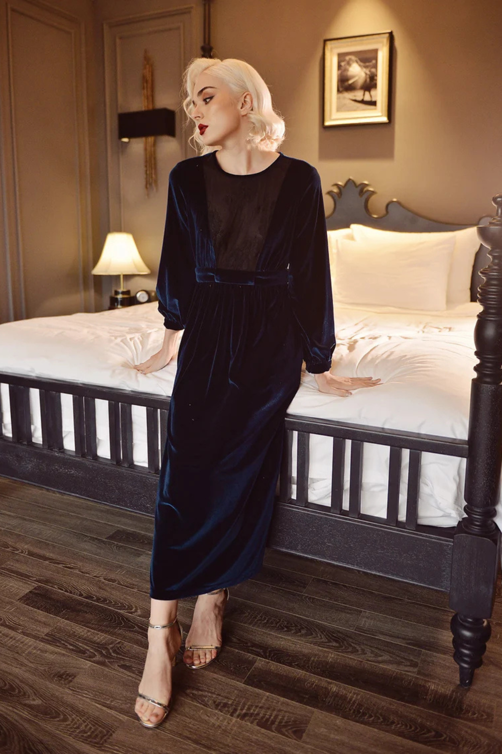 Velvet Lace Panel Dress - Wedding Guest Dress - Midi Prom Dress