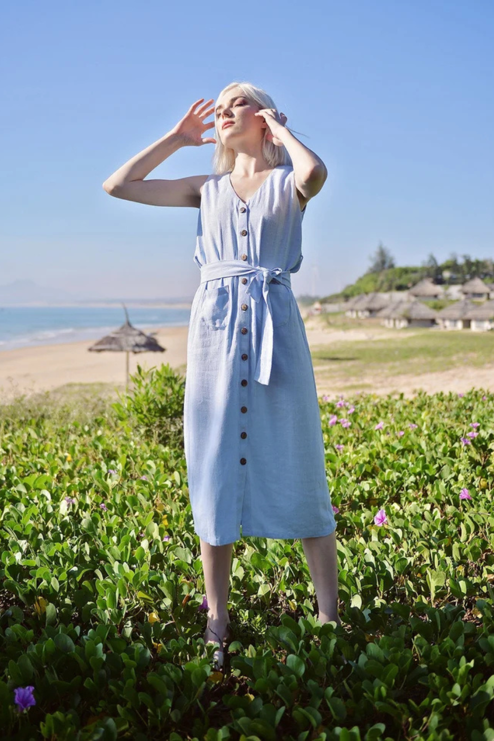 Linen Cotton Midi Dress - Summer Linen Dress - Button Linen Dress - Organic Cotton Dress - Women Cotton Dress