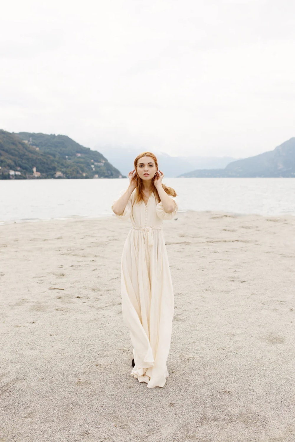 Maxi Gauze Dress Buttons - Gauze Dress with Belt - Half Sleeve Dress - Women Gauze Dress - Off White Ankle-length Dress