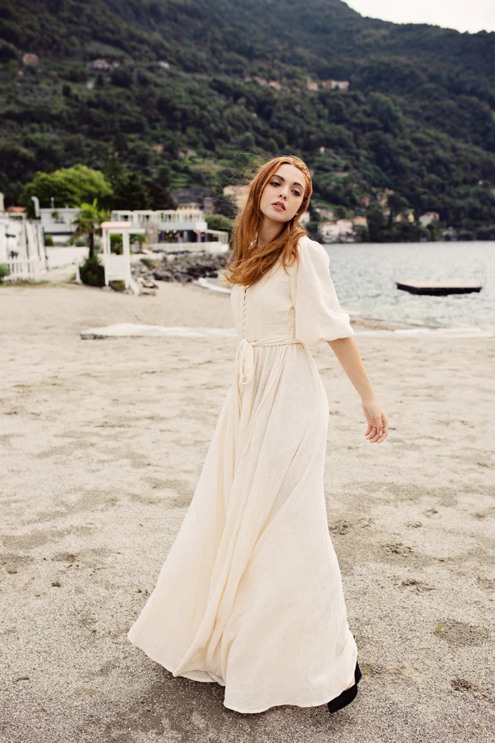 Maxi Gauze Dress Buttons - Gauze Dress with Belt - Half Sleeve Dress - Women Gauze Dress - Off White Ankle-length Dress
