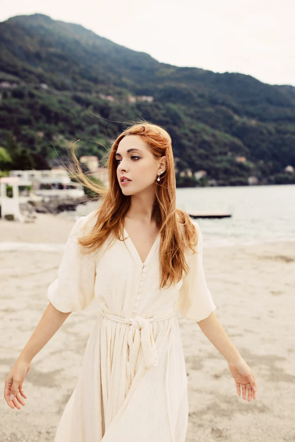 Maxi Gauze Dress Buttons - Gauze Dress with Belt - Half Sleeve Dress - Women Gauze Dress - Off White Ankle-length Dress