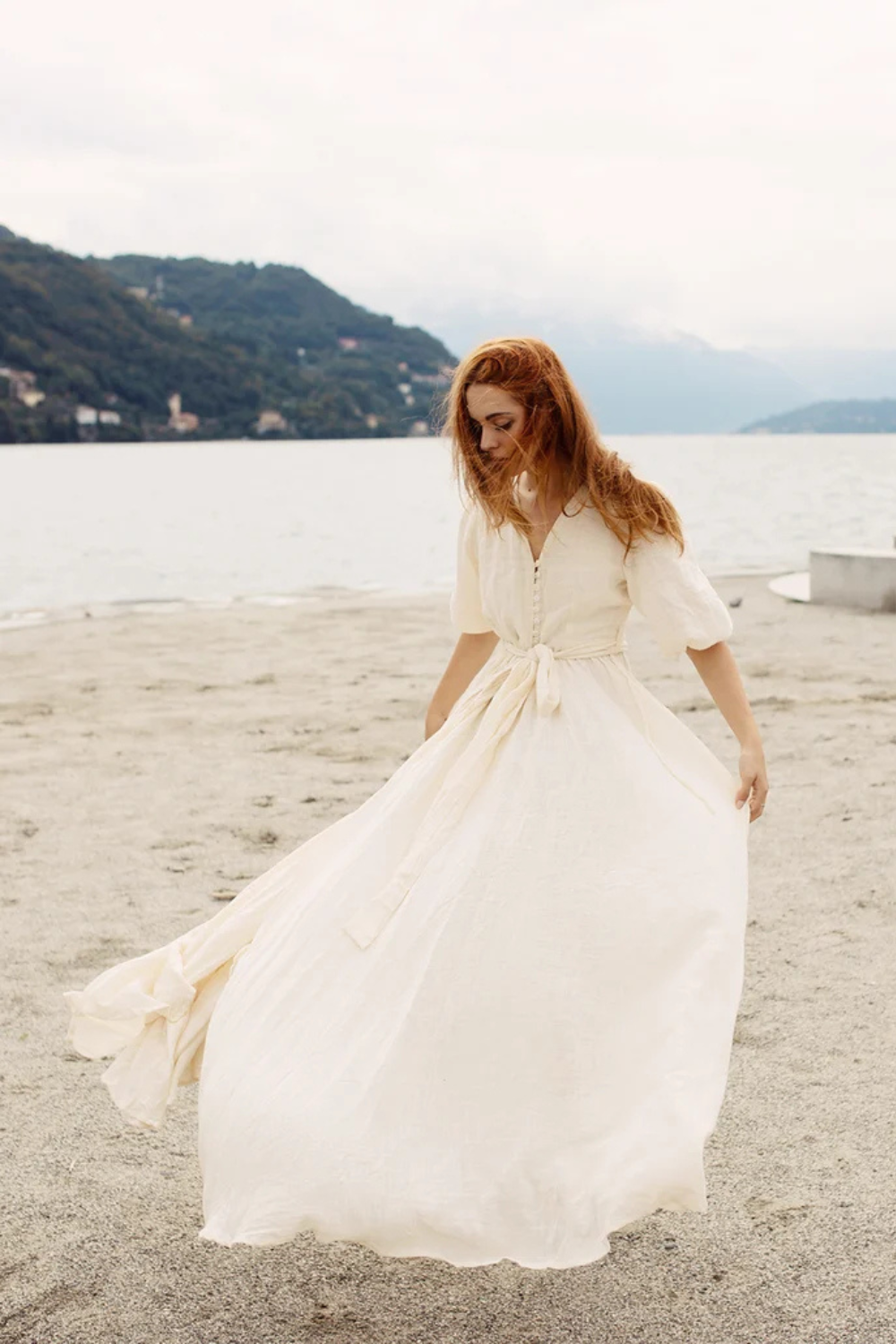 Maxi Gauze Dress Buttons - Gauze Dress with Belt - Half Sleeve Dress - Women Gauze Dress - Off White Ankle-length Dress