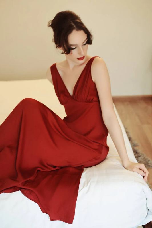 V-neck Vintage Maxi Silk Dress