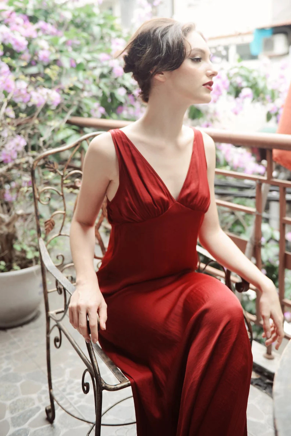V-neck Vintage Maxi Silk Dress