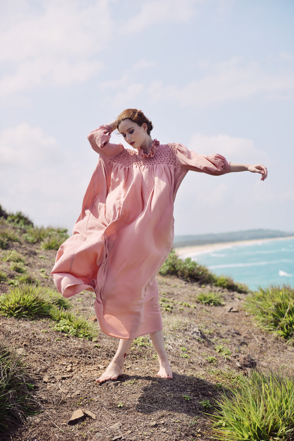 Linen Kaftan Dress for Women with Smocking Detail