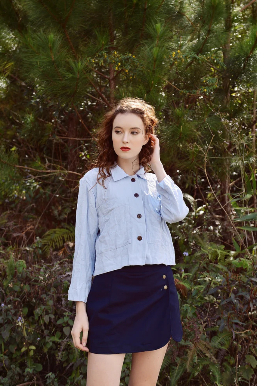 Blue Linen Button Front Blouse