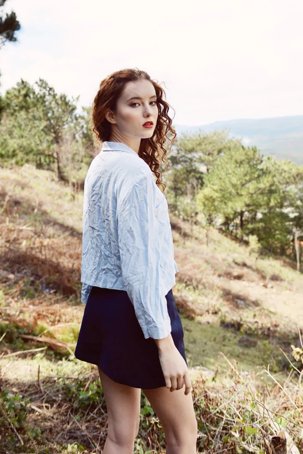 Blue Linen Button Front Blouse