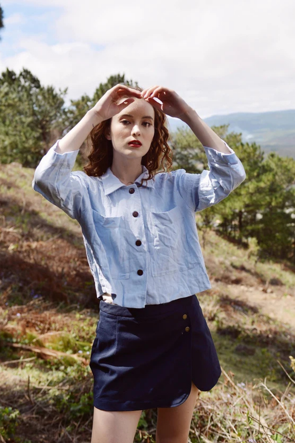 Blue Linen Button Front Blouse