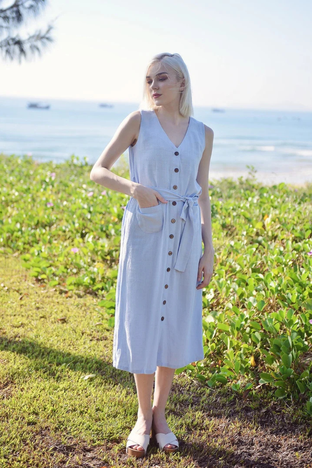 Linen Cotton Midi Dress - Summer Linen Dress - Button Linen Dress - Organic Cotton Dress - Women Cotton Dress