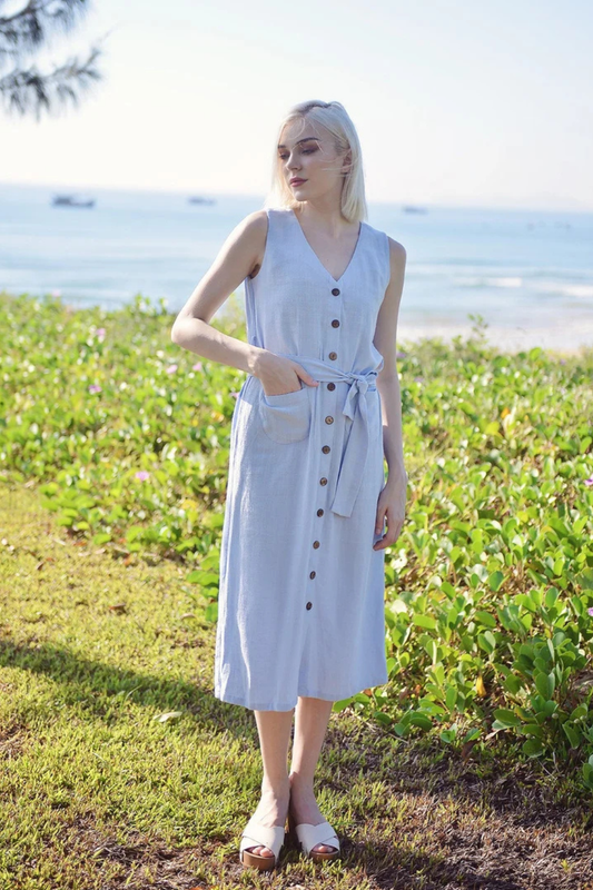 Linen Cotton Midi Dress - Summer Linen Dress - Button Linen Dress - Organic Cotton Dress - Women Cotton Dress