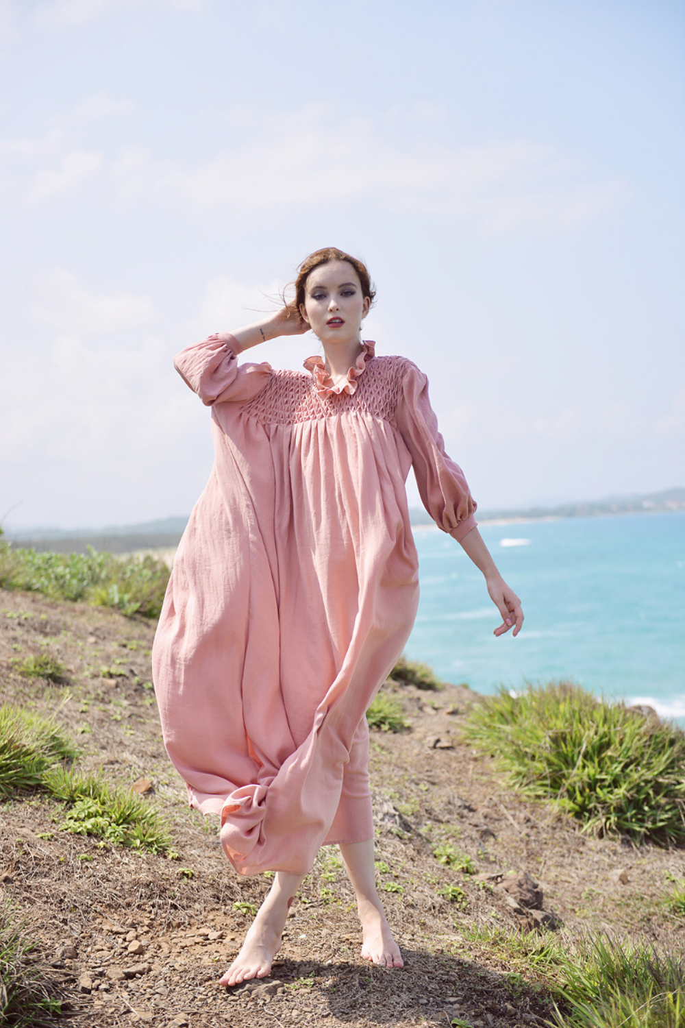 Linen Kaftan Dress for Women with Smocking Detail