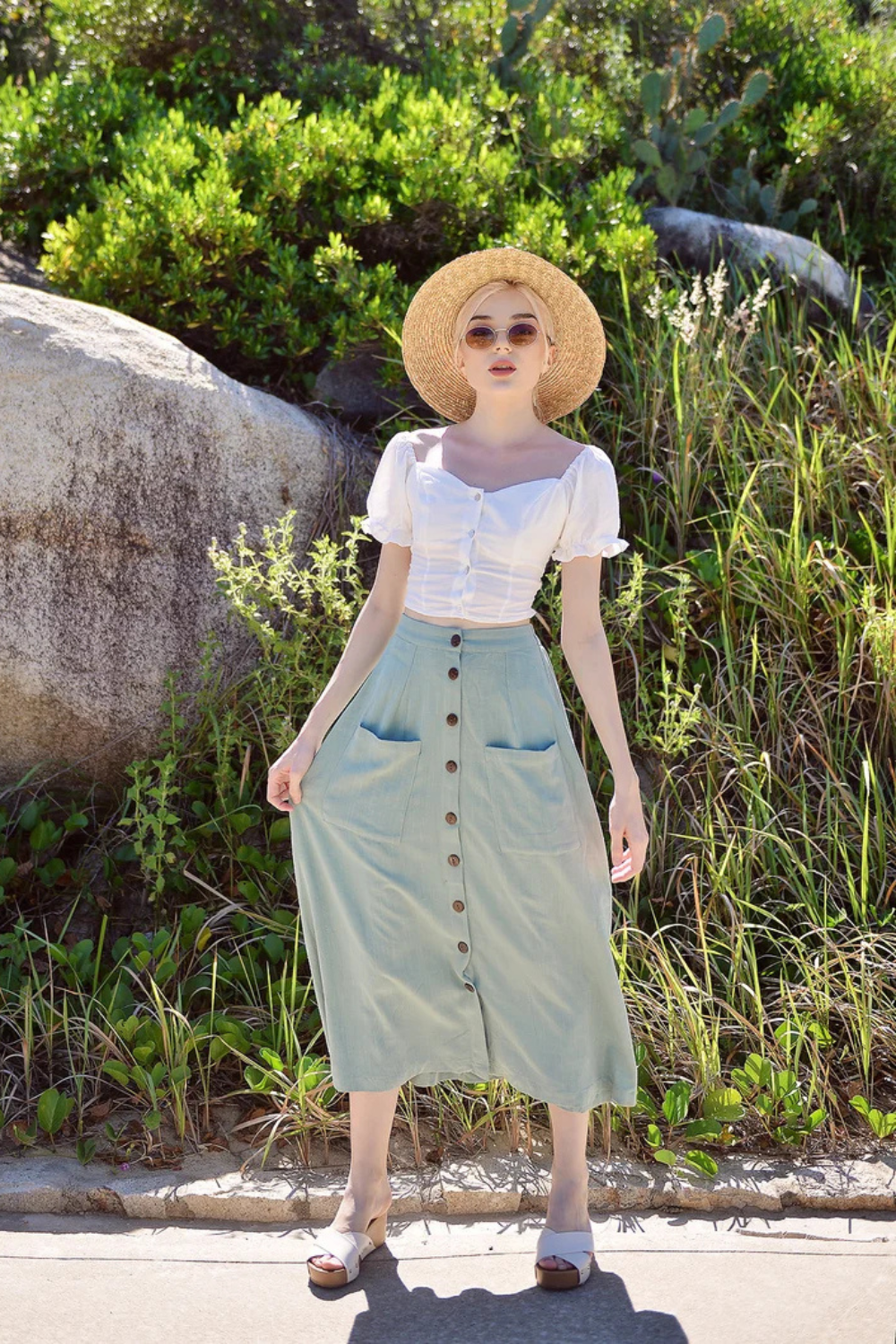 Midi Linen Cotton Skirt - Button up Linen Skirt - Mid-calf Cotton Skirt - Below Knee Linen Skirt