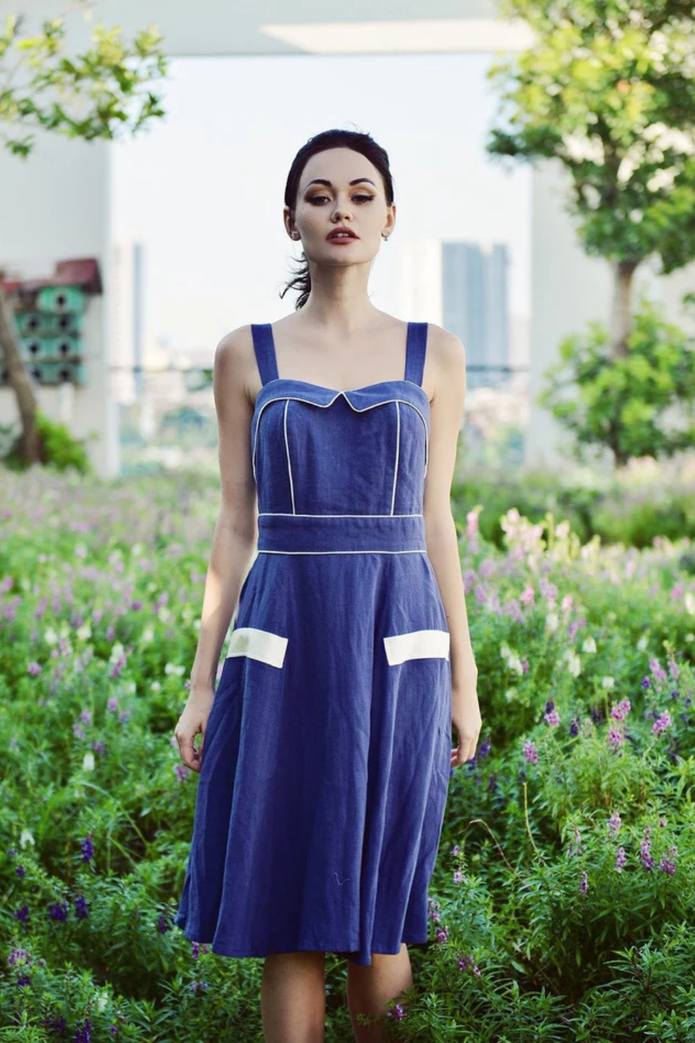 Linen Pinafore Dress with Flap Pocket