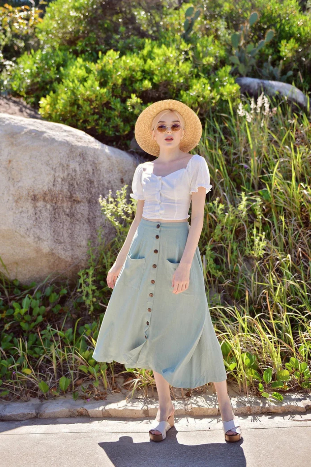 Midi Linen Cotton Skirt - Button up Linen Skirt - Mid-calf Cotton Skirt - Below Knee Linen Skirt