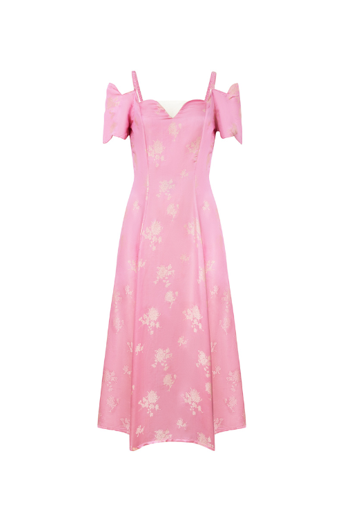 Jacqueline Heritage Mulberry Silk Off-the-Shoulder Midi Dress