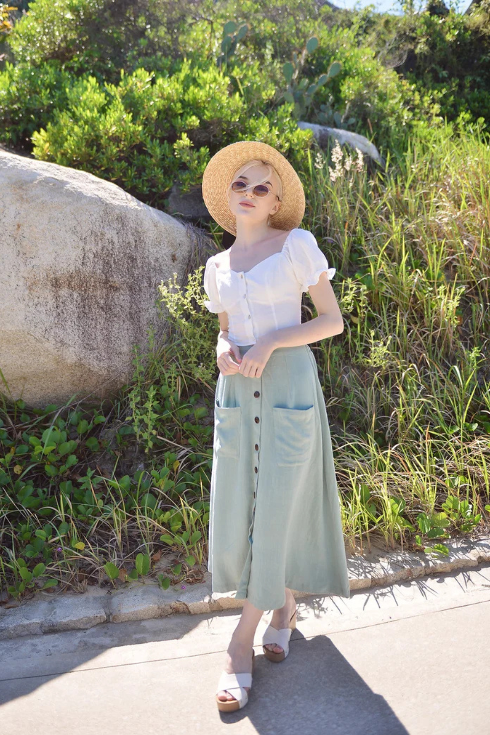 Midi Linen Cotton Skirt - Button up Linen Skirt - Mid-calf Cotton Skirt - Below Knee Linen Skirt
