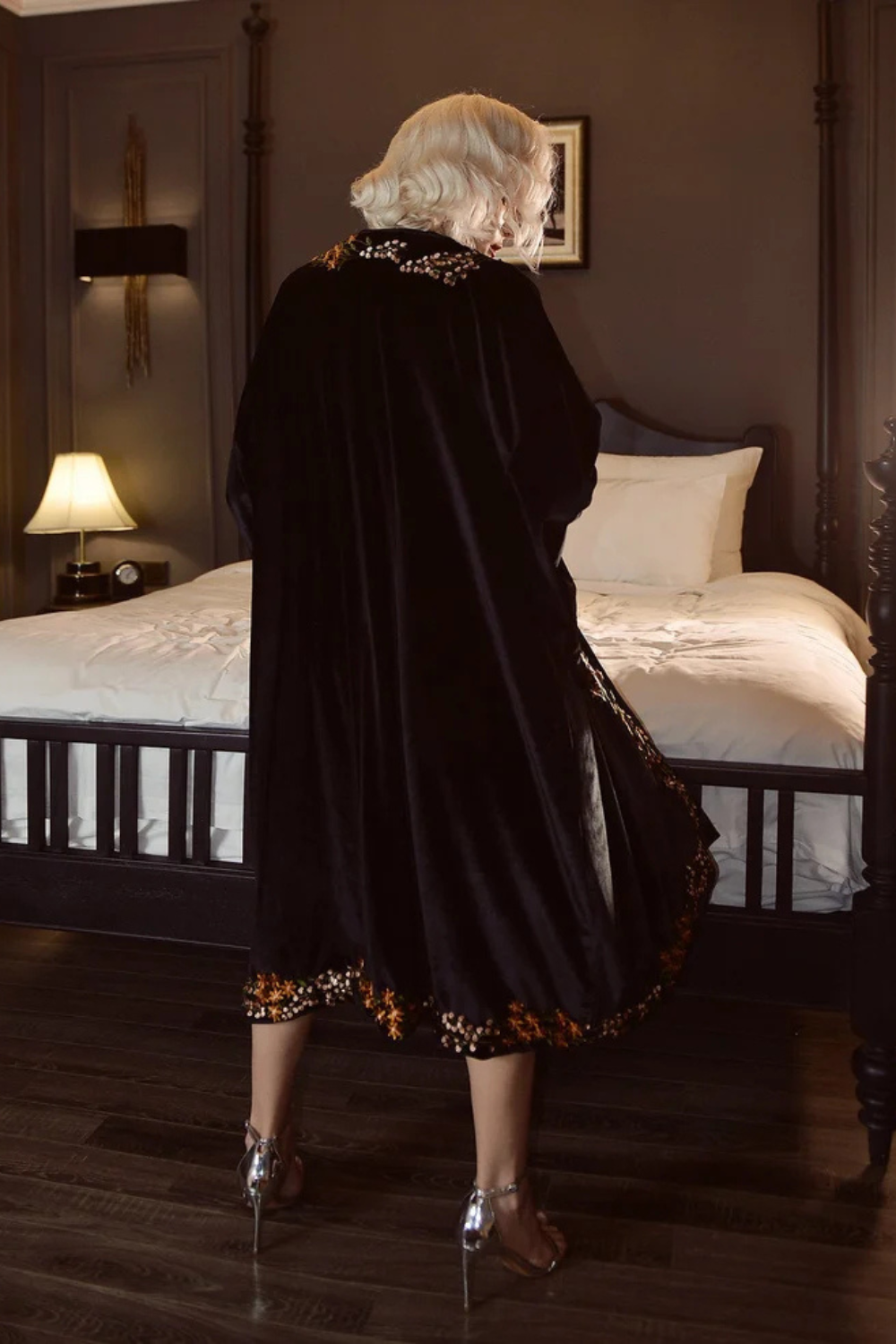 Velvet Flower Embroidered Kimono Cape - Flower Embroidered Robe - Warm Winter Robe
