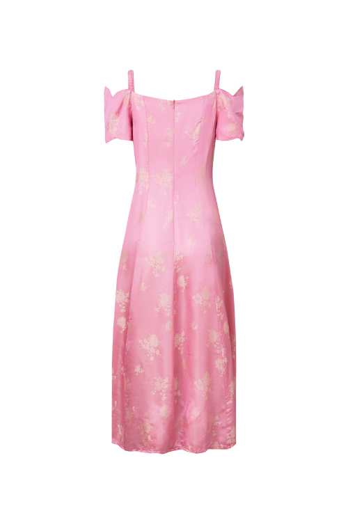 Jacqueline Heritage Mulberry Silk Off-the-Shoulder Midi Dress