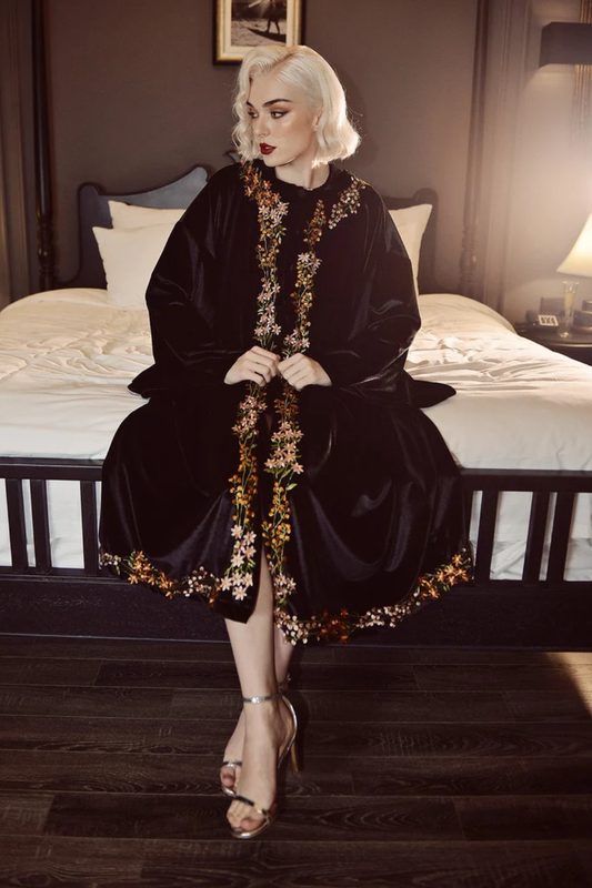 Velvet Flower Embroidered Kimono Cape - Flower Embroidered Robe - Warm Winter Robe