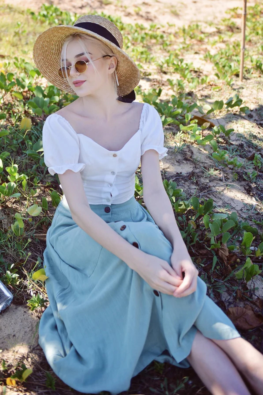 Midi Linen Cotton Skirt - Button up Linen Skirt - Mid-calf Cotton Skirt - Below Knee Linen Skirt