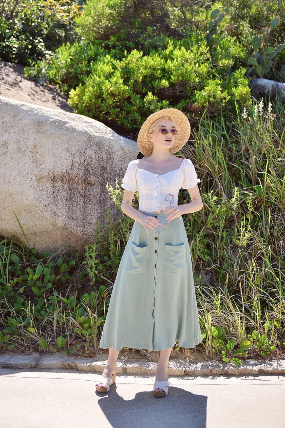Midi Linen Cotton Skirt - Button up Linen Skirt - Mid-calf Cotton Skirt - Below Knee Linen Skirt