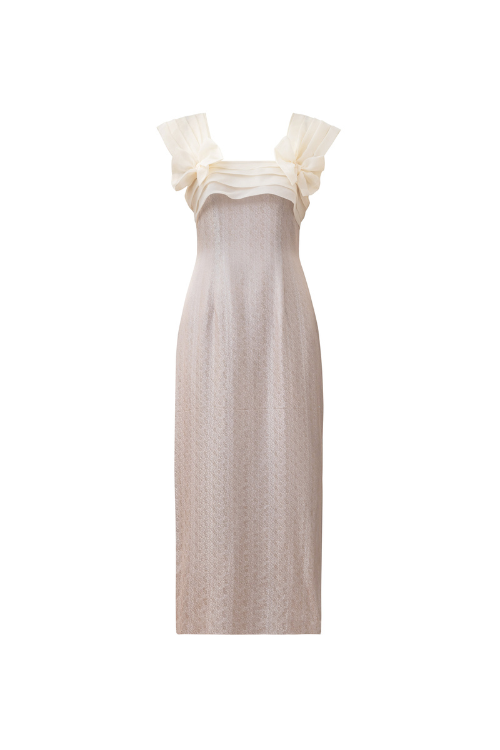Roseline Heritage Mulberry Silk Midi Dress with Structured Silk Organza Details
