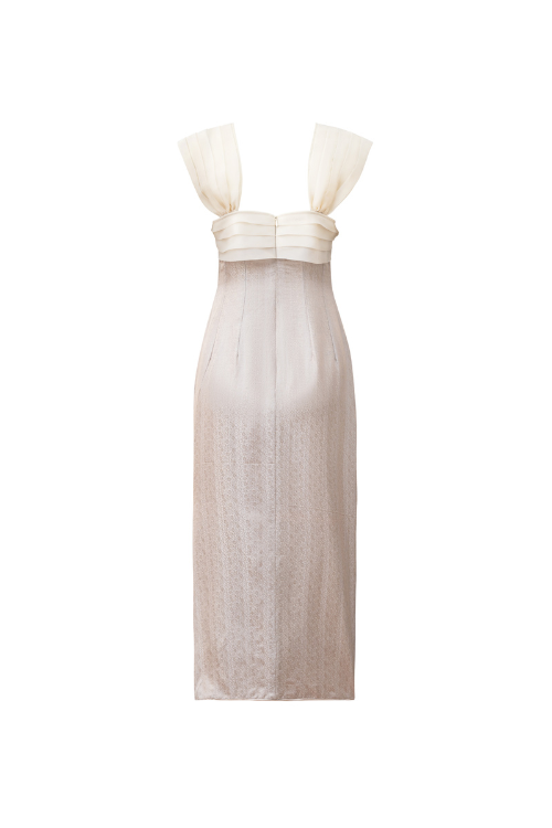 Roseline Heritage Mulberry Silk Midi Dress with Structured Silk Organza Details