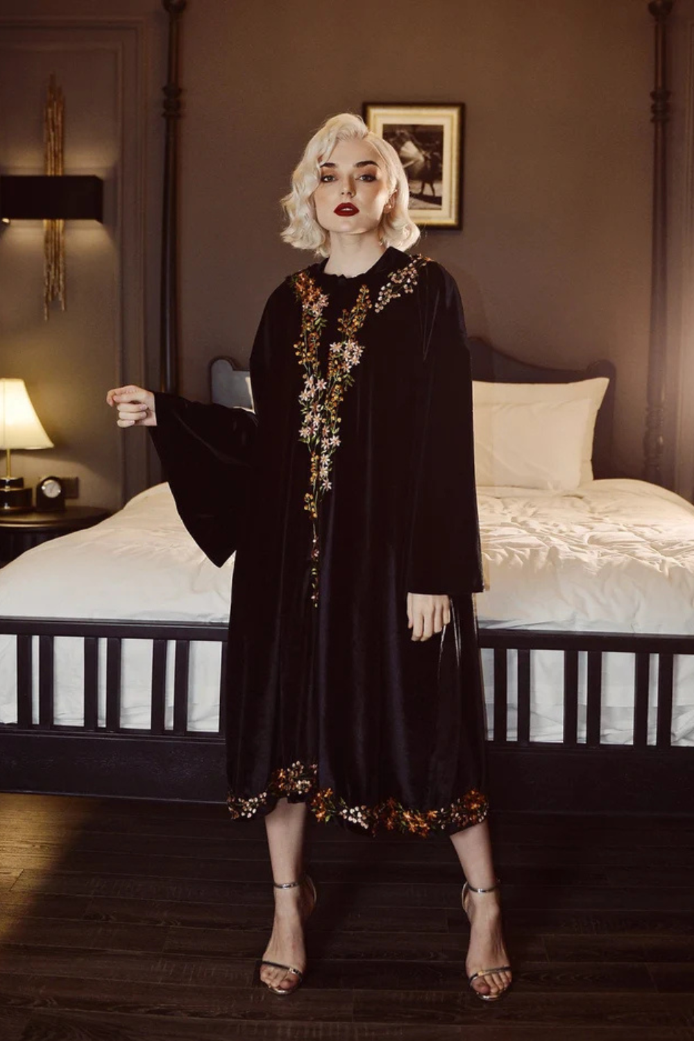 Velvet Flower Embroidered Kimono Cape - Flower Embroidered Robe - Warm Winter Robe