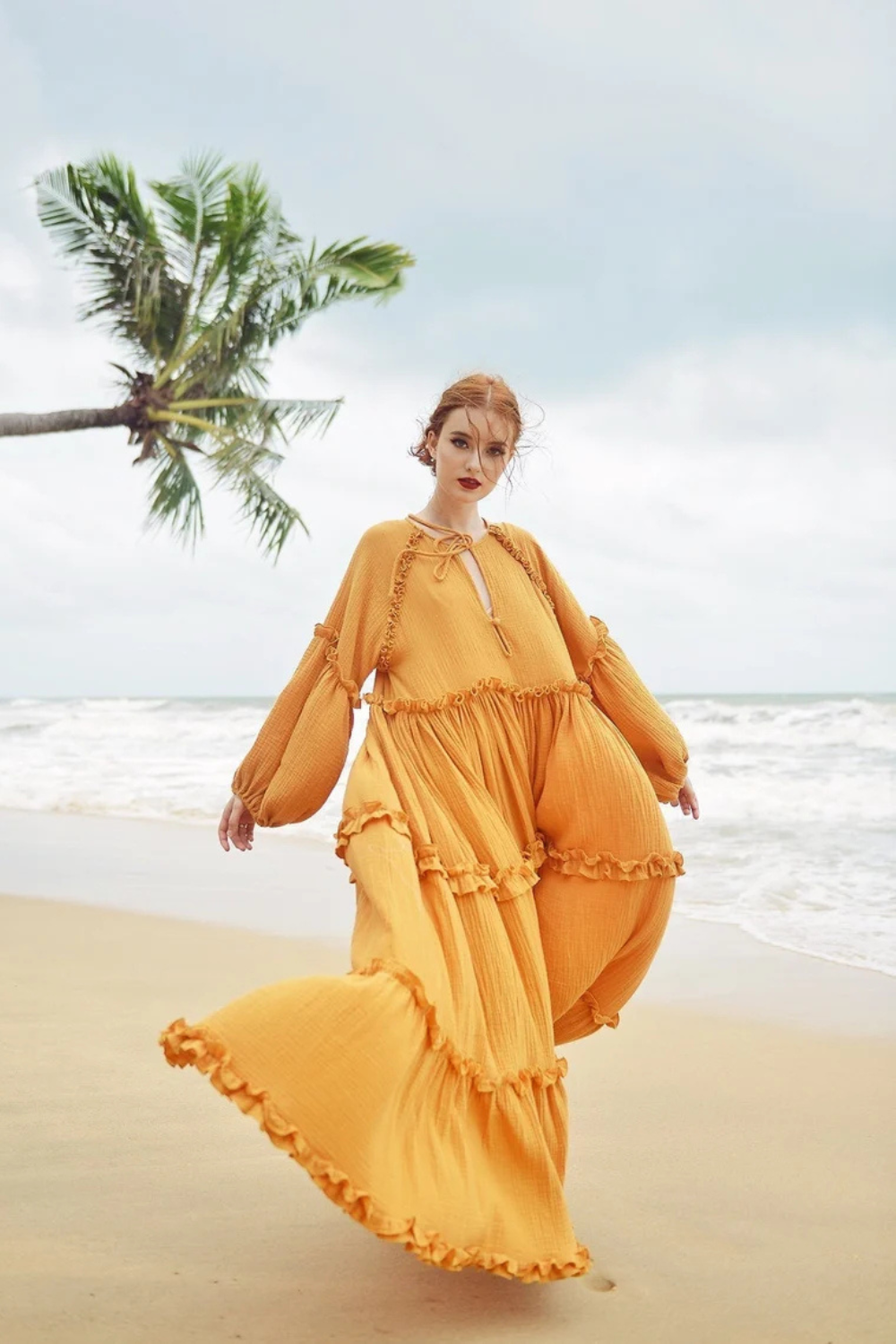 Gauze Cotton Tiered Maxi Dress with Ruffle Trim