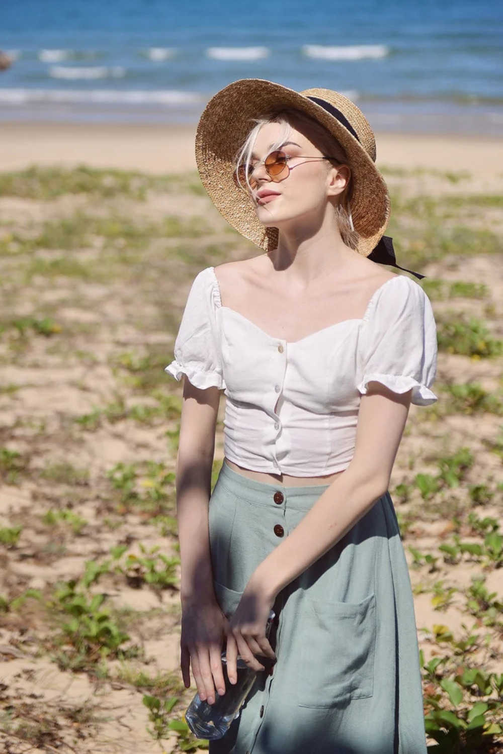 Linen Milkmaid Crop Top with Sleeves