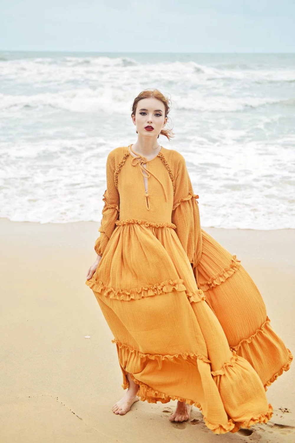 Gauze Cotton Tiered Maxi Dress with Ruffle Trim