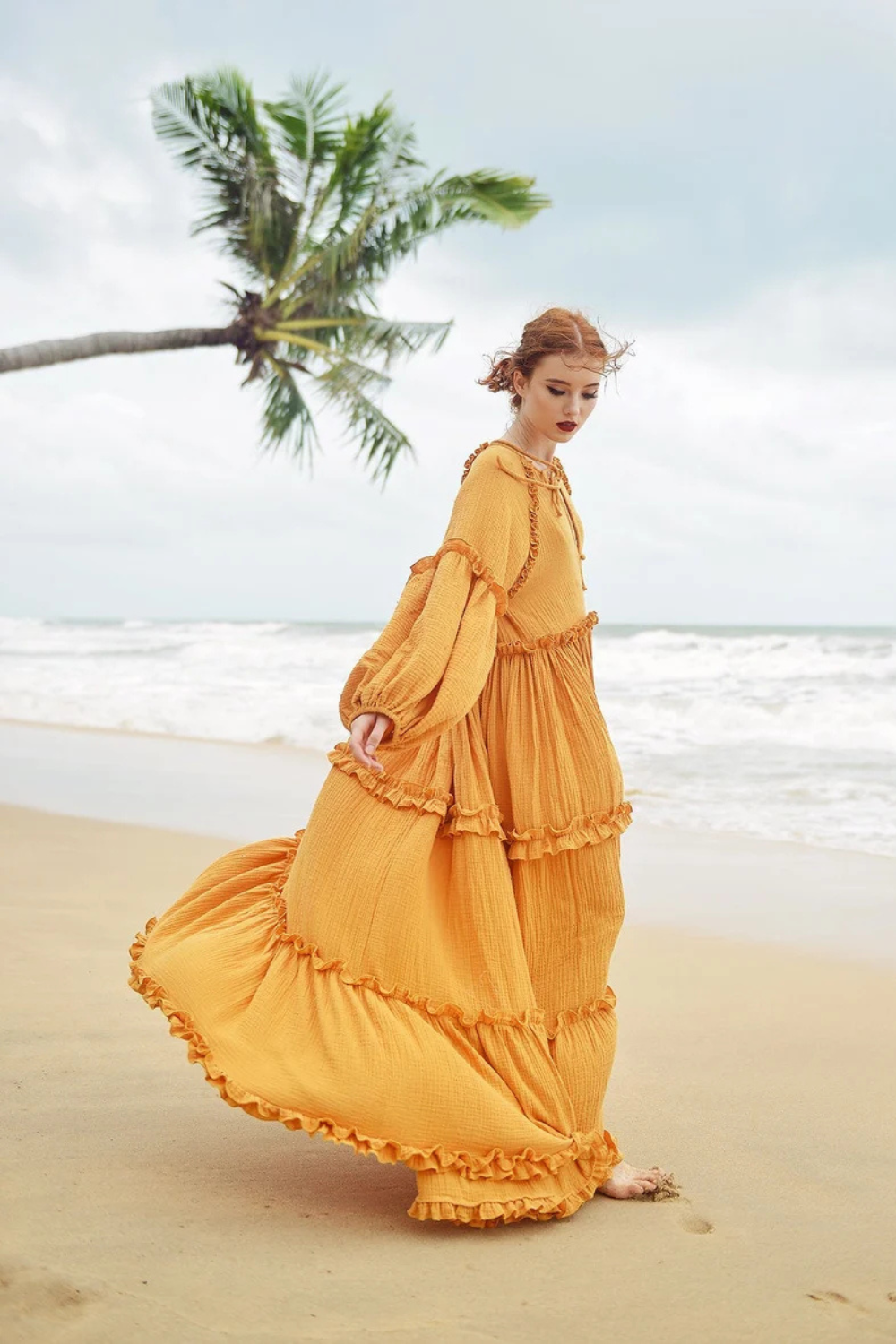 Gauze Cotton Tiered Maxi Dress with Ruffle Trim