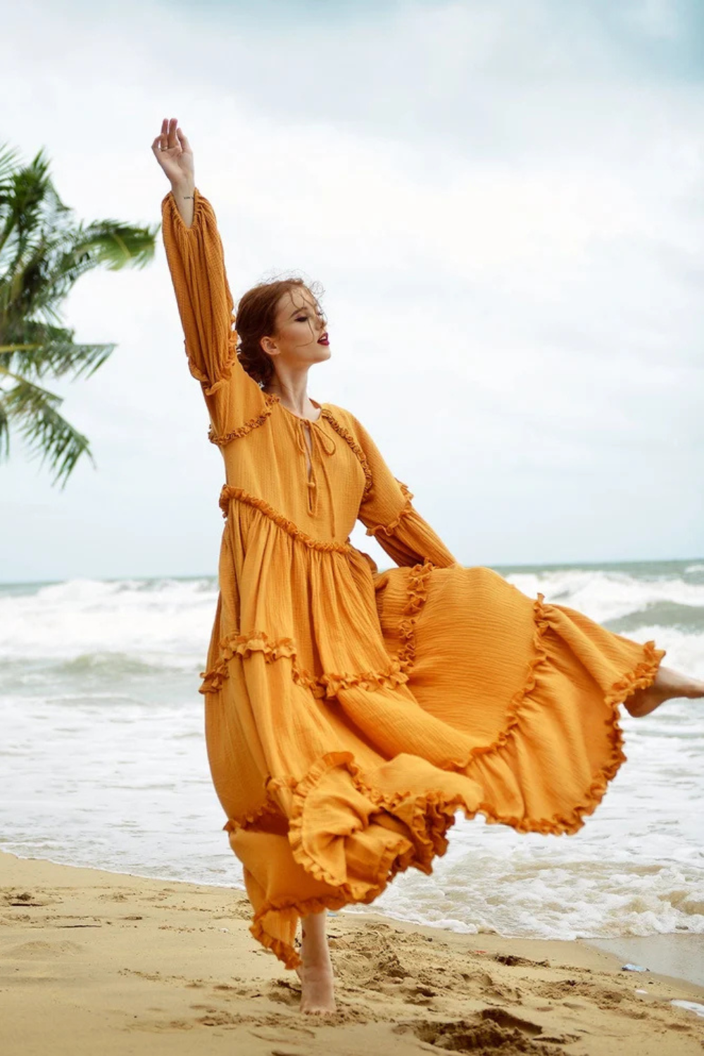 Gauze Cotton Tiered Maxi Dress with Ruffle Trim