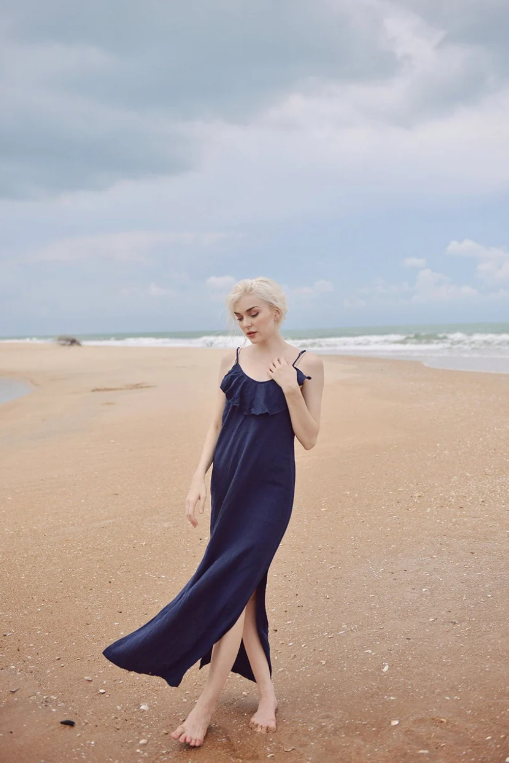 Lowback Linen Dress - Long Linen Dress - Linen Cotton Slip - Sides Slit Dress