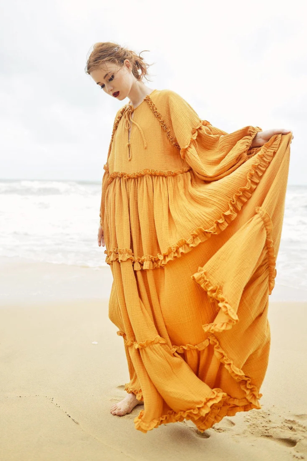 Gauze Cotton Tiered Maxi Dress with Ruffle Trim