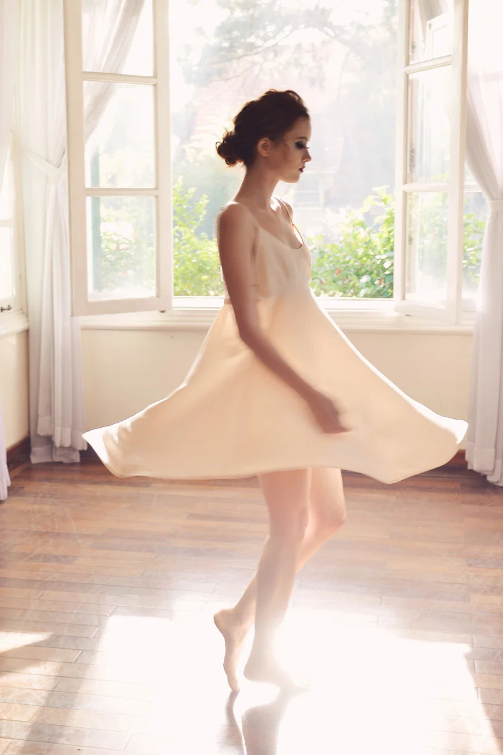 Flare Silk Slip Dress with Lace