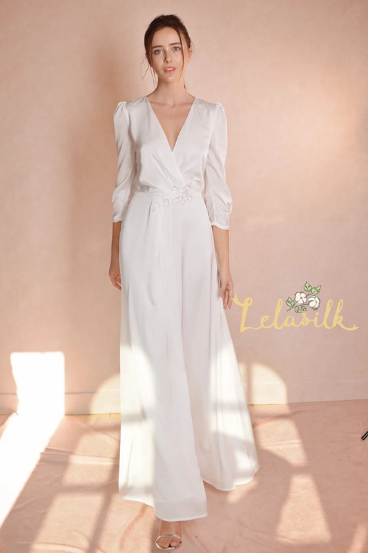 Simple Wedding Dress - Women Long Dress - Embroidered Waist Dress - Long Silk Dress