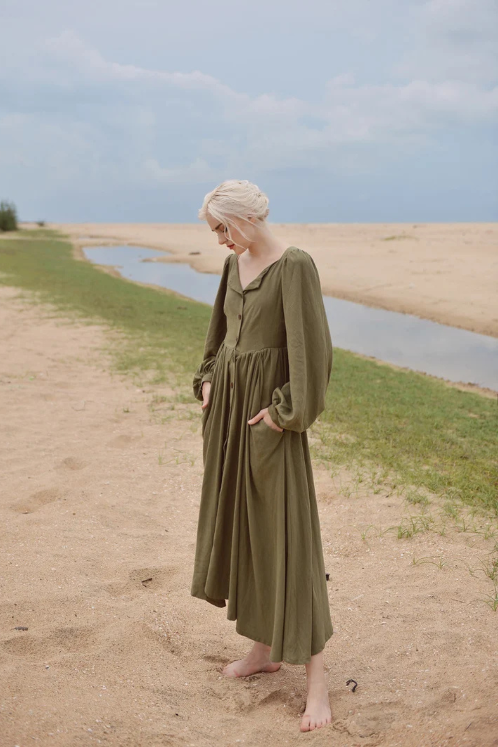 Vintage Linen Dress with Puff Sleeves