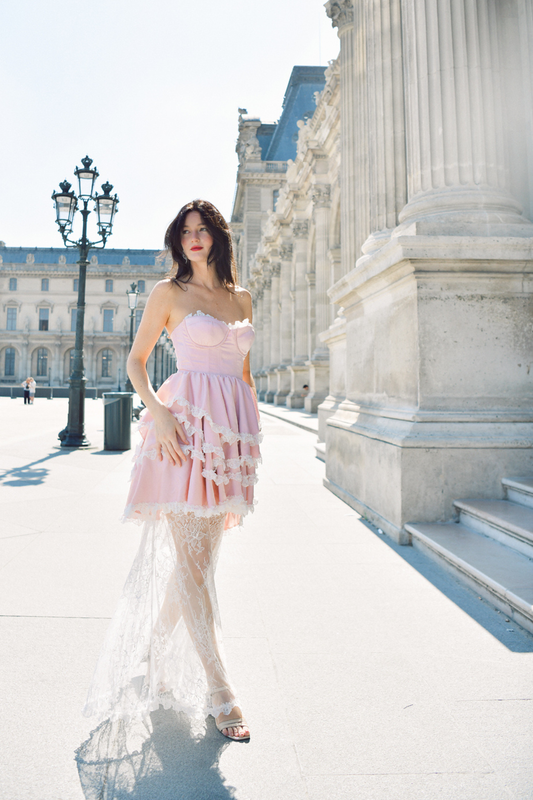 Galette Pink Silk Corset Lace Wedding Dress