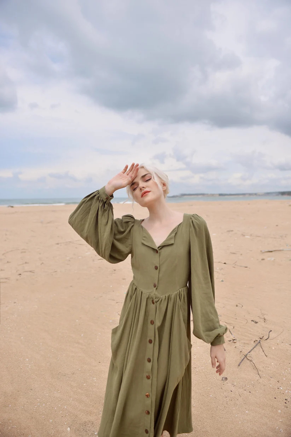 Vintage Linen Dress with Puff Sleeves