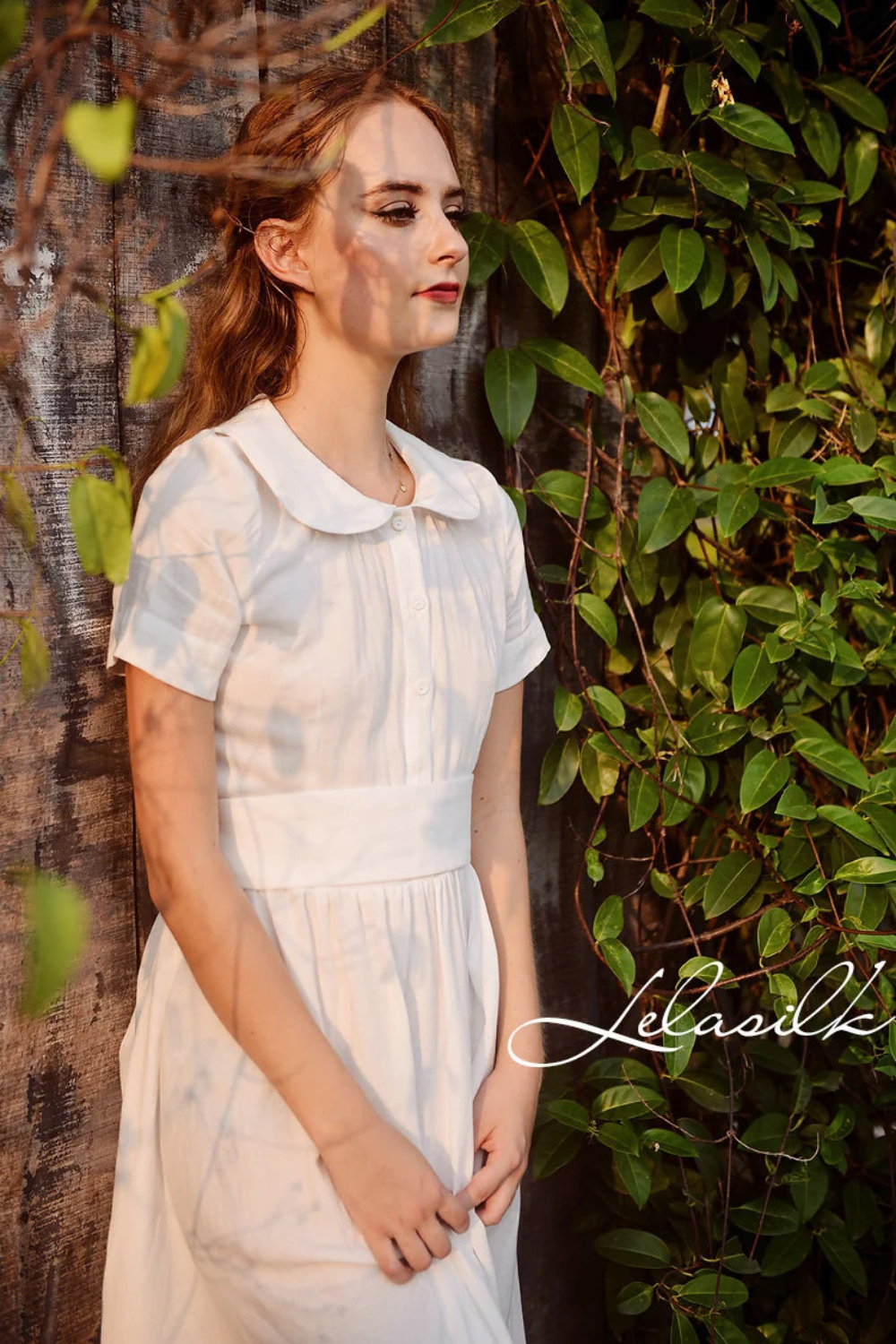 Summer Midi Linen Dress - Linen Dress with Collar - Midi Cotton Dress - Women White Midi Dress - Organic Cotton Clothing