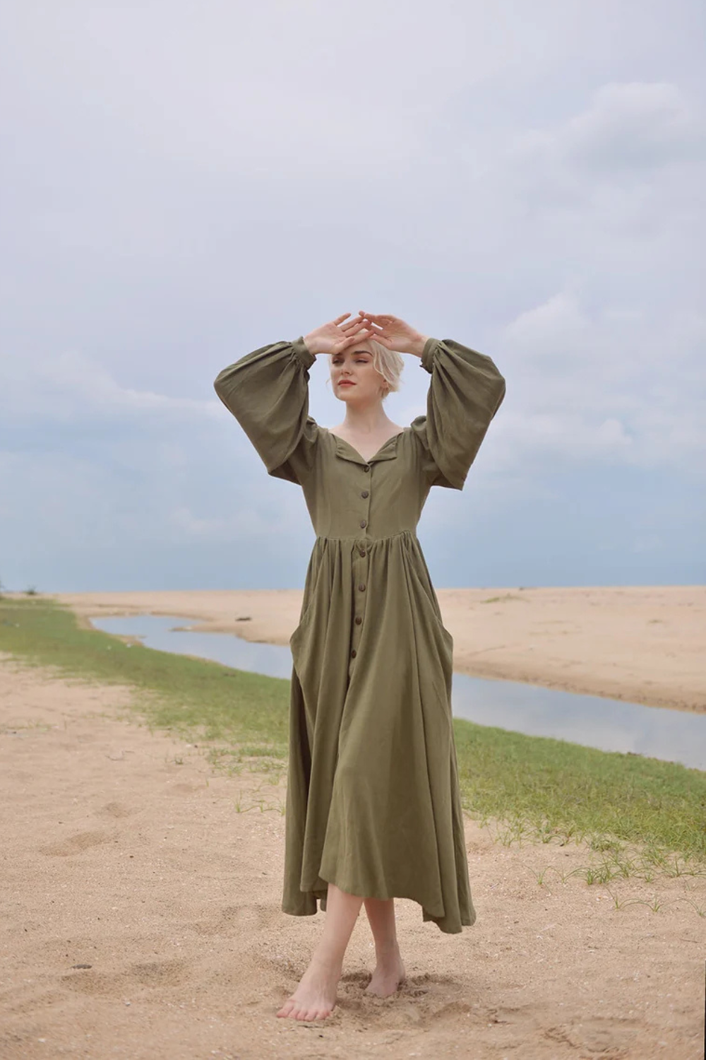Vintage Linen Dress with Puff Sleeves