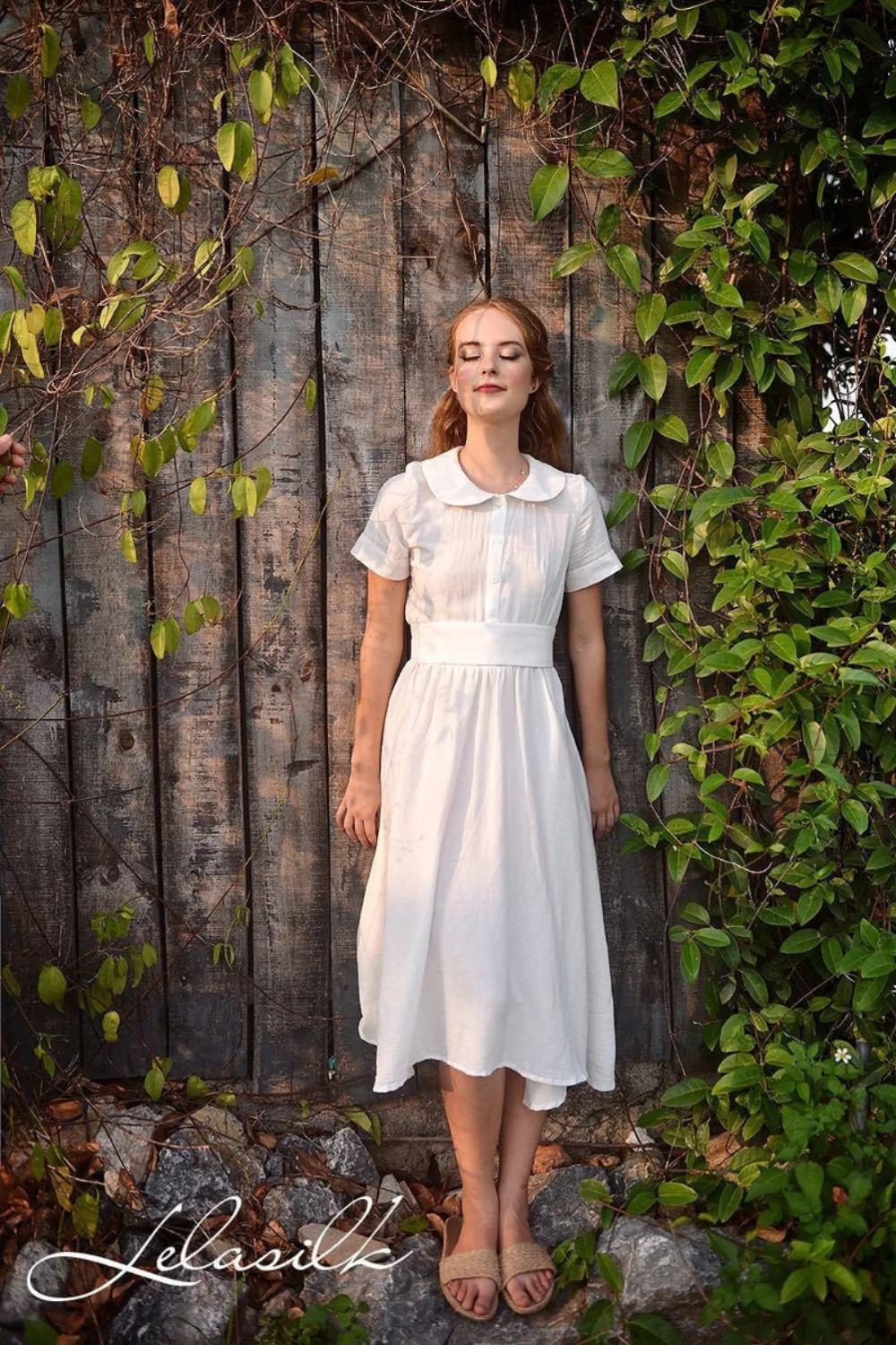Summer Midi Linen Dress - Linen Dress with Collar - Midi Cotton Dress - Women White Midi Dress - Organic Cotton Clothing