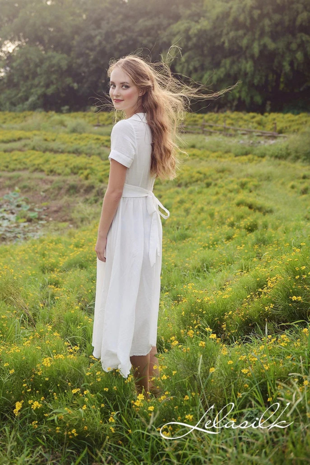 Summer Midi Linen Dress - Linen Dress with Collar - Midi Cotton Dress - Women White Midi Dress - Organic Cotton Clothing