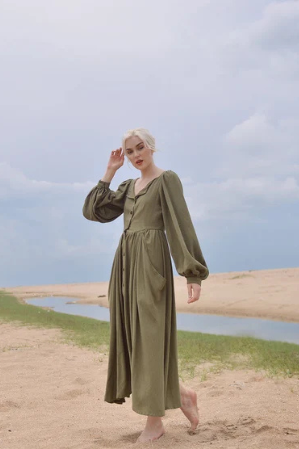 Vintage Linen Dress with Puff Sleeves