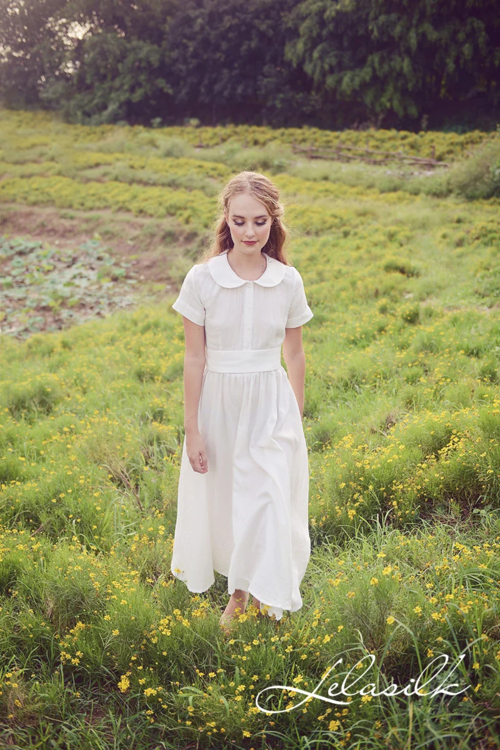 Summer Midi Linen Dress - Linen Dress with Collar - Midi Cotton Dress - Women White Midi Dress - Organic Cotton Clothing
