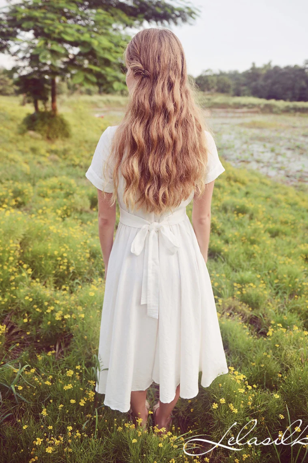 Summer Midi Linen Dress - Linen Dress with Collar - Midi Cotton Dress - Women White Midi Dress - Organic Cotton Clothing