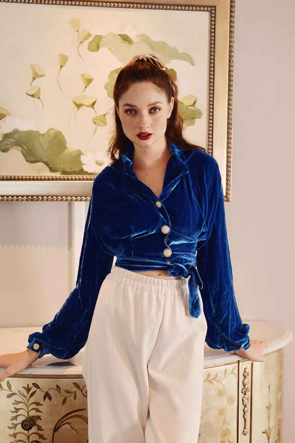 Wrap Top Velvet - Blue Wrap Top - Women Wrap Top Long Sleeve - Croptop