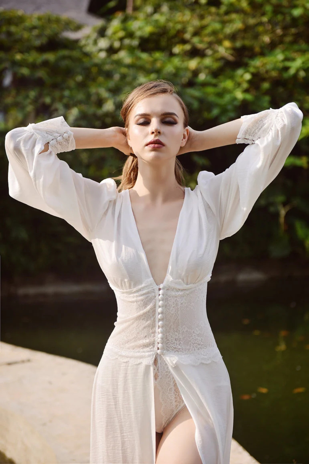 Sheer Lace and Silk Robe with Front Closure