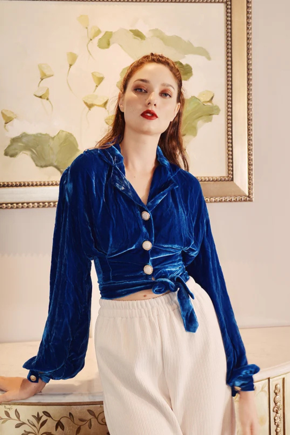 Wrap Top Velvet - Blue Wrap Top - Women Wrap Top Long Sleeve - Croptop